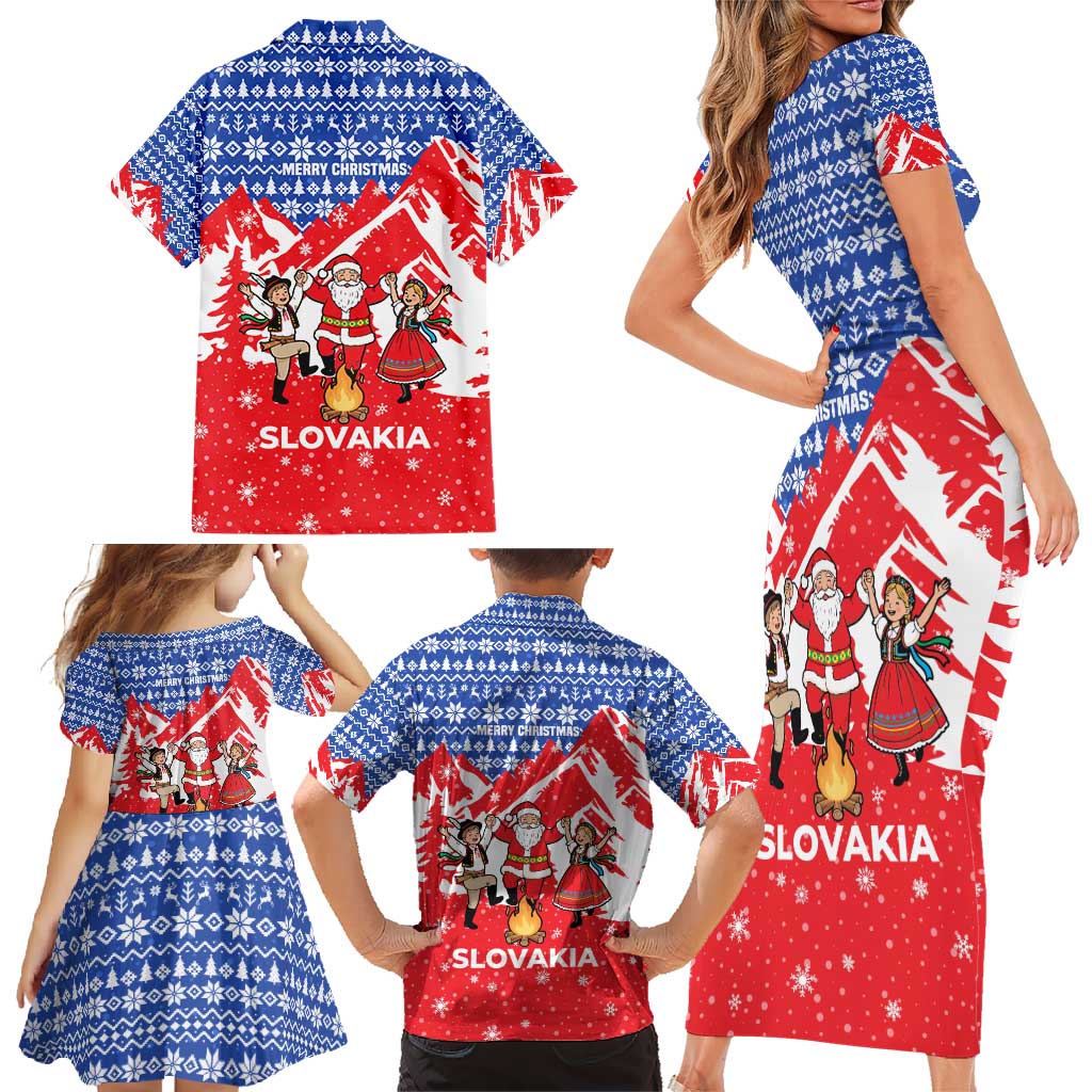 Slovakia Christmas Family Matching Short Sleeve Bodycon Dress and Hawaiian Shirt with Santa and Dancers by Campfire Snowy Mountains and Red Blue Snowflake Pattern Design - Wonder Print Shop