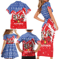 Slovakia Christmas Family Matching Short Sleeve Bodycon Dress and Hawaiian Shirt with Santa and Dancers by Campfire Snowy Mountains and Red Blue Snowflake Pattern Design - Wonder Print Shop