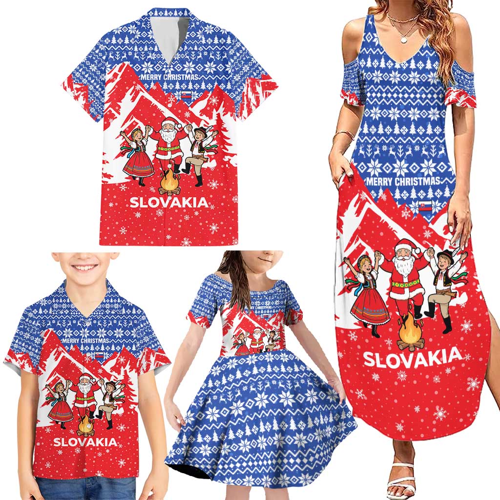 Slovakia Christmas Family Matching Summer Maxi Dress and Hawaiian Shirt with Santa and Dancers by Campfire Snowy Mountains and Red Blue Snowflake Pattern Design - Wonder Print Shop