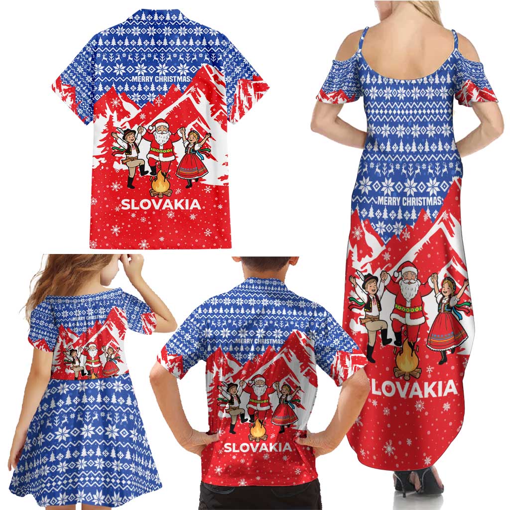 Slovakia Christmas Family Matching Summer Maxi Dress and Hawaiian Shirt with Santa and Dancers by Campfire Snowy Mountains and Red Blue Snowflake Pattern Design - Wonder Print Shop