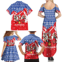 Slovakia Christmas Family Matching Summer Maxi Dress and Hawaiian Shirt with Santa and Dancers by Campfire Snowy Mountains and Red Blue Snowflake Pattern Design - Wonder Print Shop