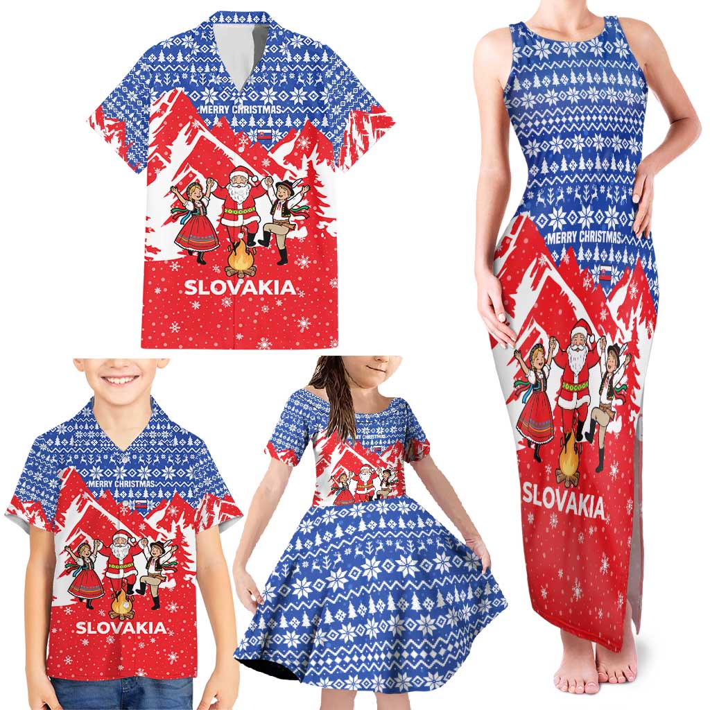Slovakia Christmas Family Matching Tank Maxi Dress and Hawaiian Shirt with Santa and Dancers by Campfire Snowy Mountains and Red Blue Snowflake Pattern Design - Wonder Print Shop