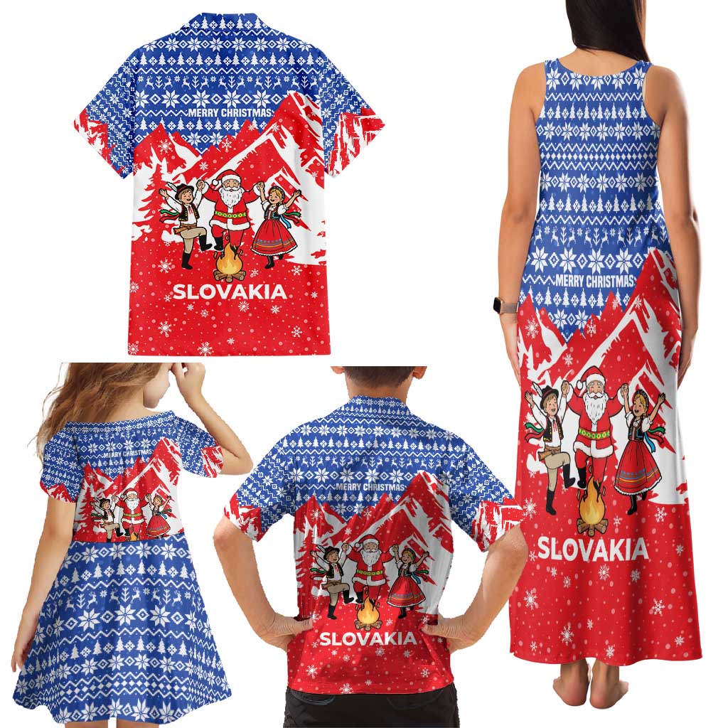 Slovakia Christmas Family Matching Tank Maxi Dress and Hawaiian Shirt with Santa and Dancers by Campfire Snowy Mountains and Red Blue Snowflake Pattern Design - Wonder Print Shop