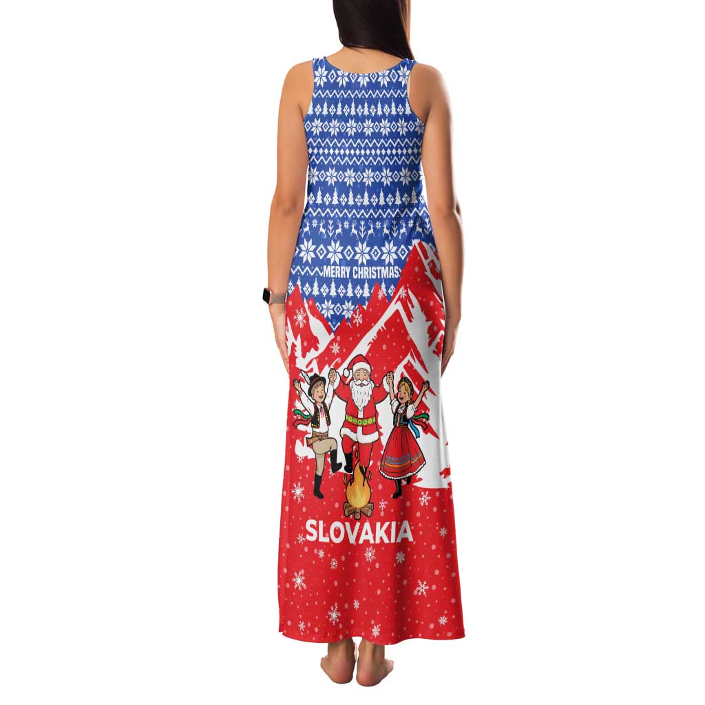 Slovakia Christmas Family Matching Tank Maxi Dress and Hawaiian Shirt with Santa and Dancers by Campfire Snowy Mountains and Red Blue Snowflake Pattern Design - Wonder Print Shop