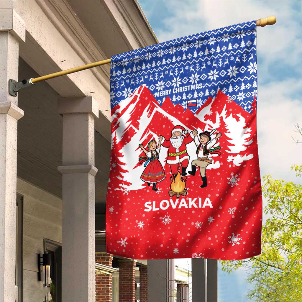 Slovakia Christmas Garden Flag with Santa and Dancers by Campfire Snowy Mountains and Red Blue Snowflake Pattern Design - Wonder Print Shop