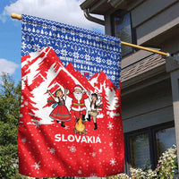 Slovakia Christmas Garden Flag with Santa and Dancers by Campfire Snowy Mountains and Red Blue Snowflake Pattern Design - Wonder Print Shop