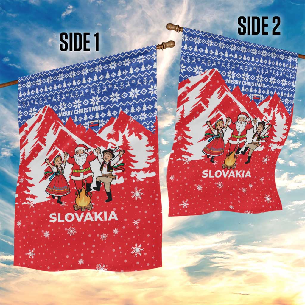 Slovakia Christmas Garden Flag with Santa and Dancers by Campfire Snowy Mountains and Red Blue Snowflake Pattern Design - Wonder Print Shop