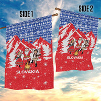 Slovakia Christmas Garden Flag with Santa and Dancers by Campfire Snowy Mountains and Red Blue Snowflake Pattern Design - Wonder Print Shop