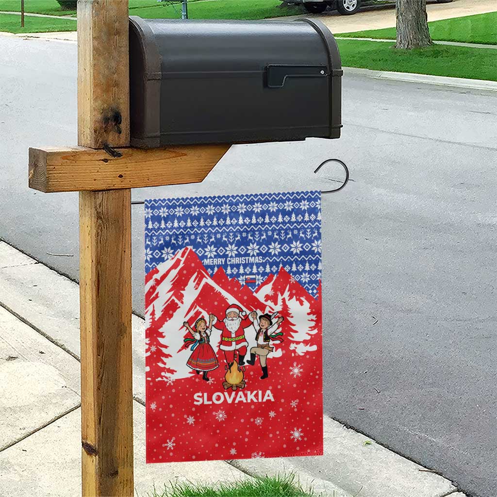 Slovakia Christmas Garden Flag with Santa and Dancers by Campfire Snowy Mountains and Red Blue Snowflake Pattern Design - Wonder Print Shop