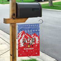 Slovakia Christmas Garden Flag with Santa and Dancers by Campfire Snowy Mountains and Red Blue Snowflake Pattern Design - Wonder Print Shop