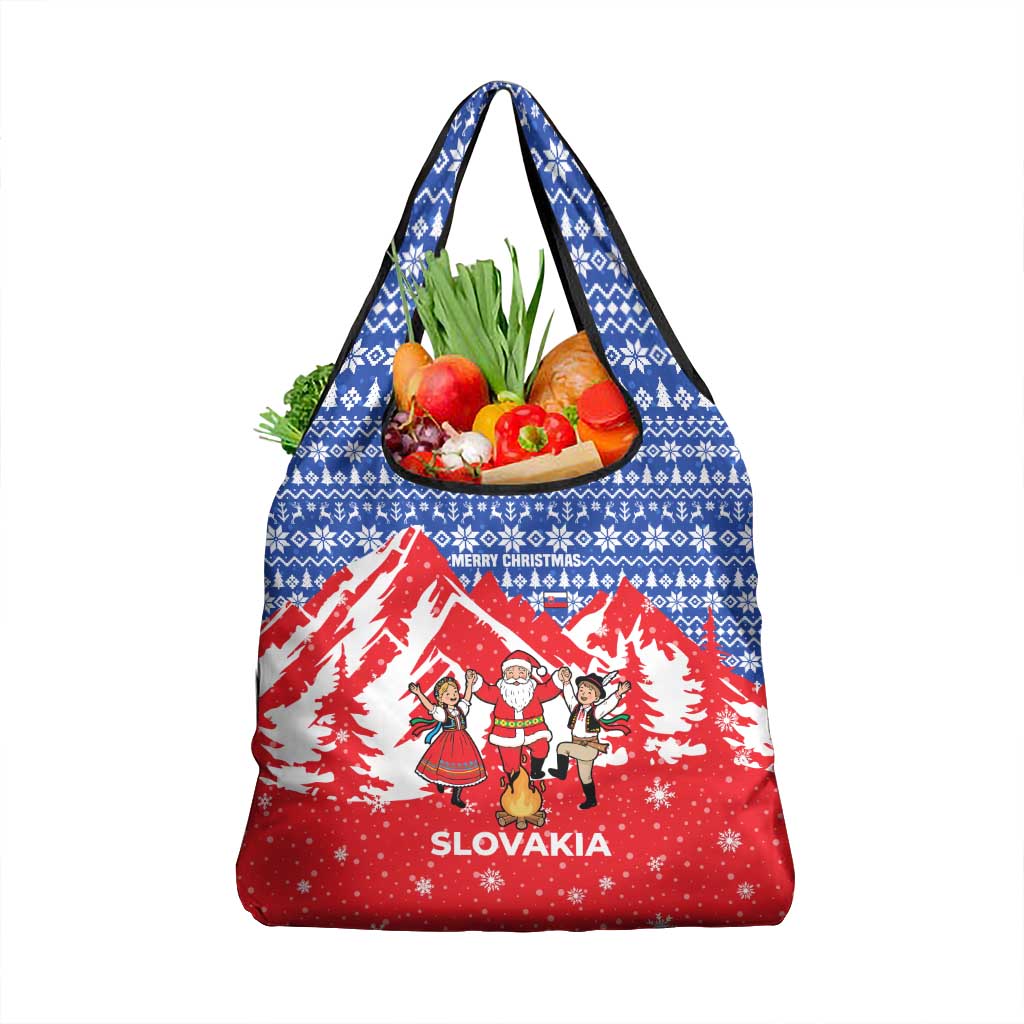 Slovakia Christmas Grocery Bag with Santa and Dancers by Campfire Snowy Mountains and Red Blue Snowflake Pattern Design - Wonder Print Shop