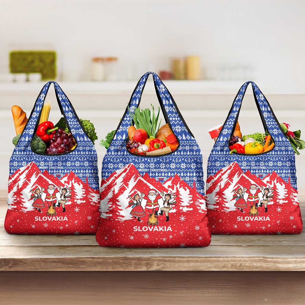 Slovakia Christmas Grocery Bag with Santa and Dancers by Campfire Snowy Mountains and Red Blue Snowflake Pattern Design - Wonder Print Shop