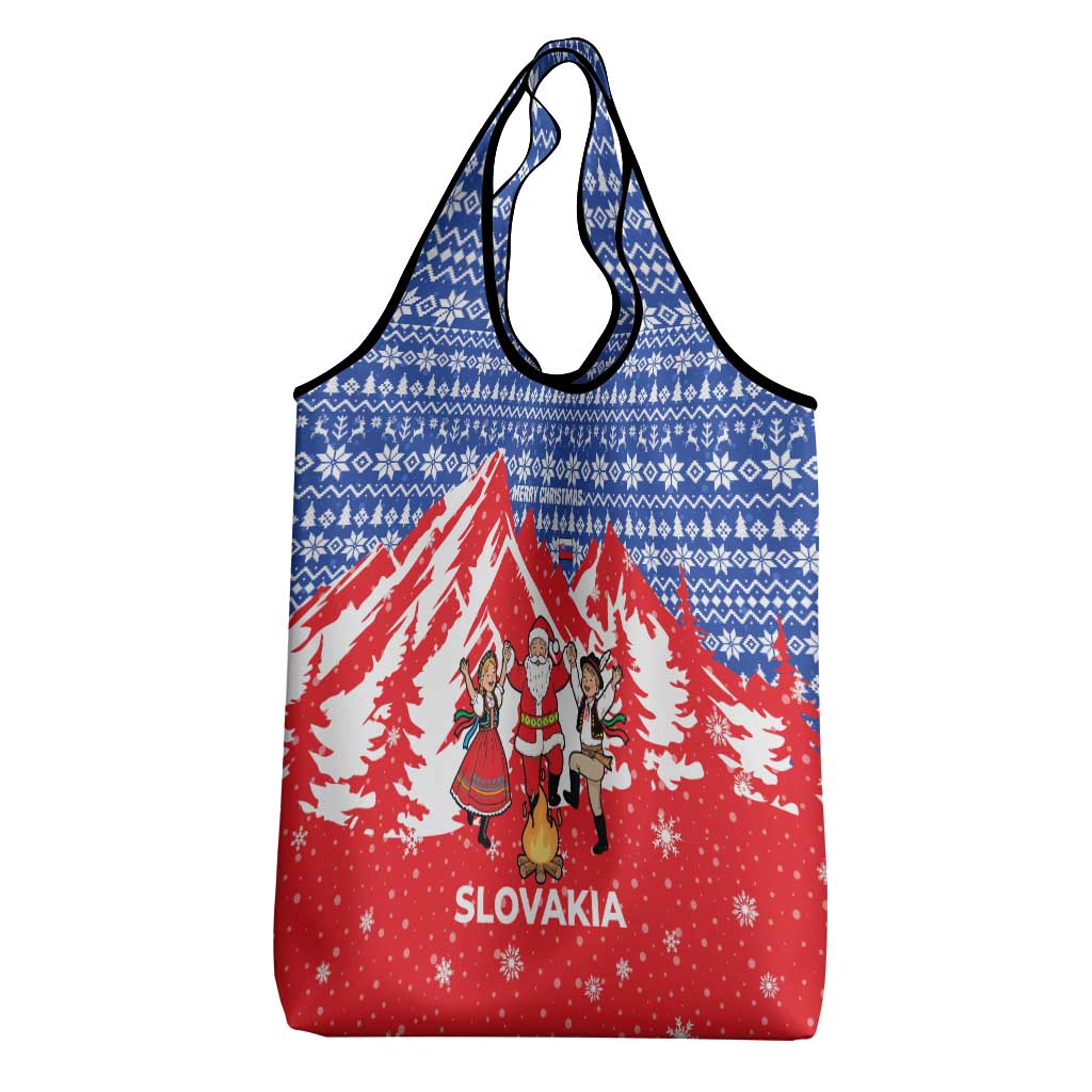 Slovakia Christmas Grocery Bag with Santa and Dancers by Campfire Snowy Mountains and Red Blue Snowflake Pattern Design - Wonder Print Shop