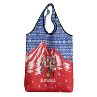 Slovakia Christmas Grocery Bag with Santa and Dancers by Campfire Snowy Mountains and Red Blue Snowflake Pattern Design - Wonder Print Shop