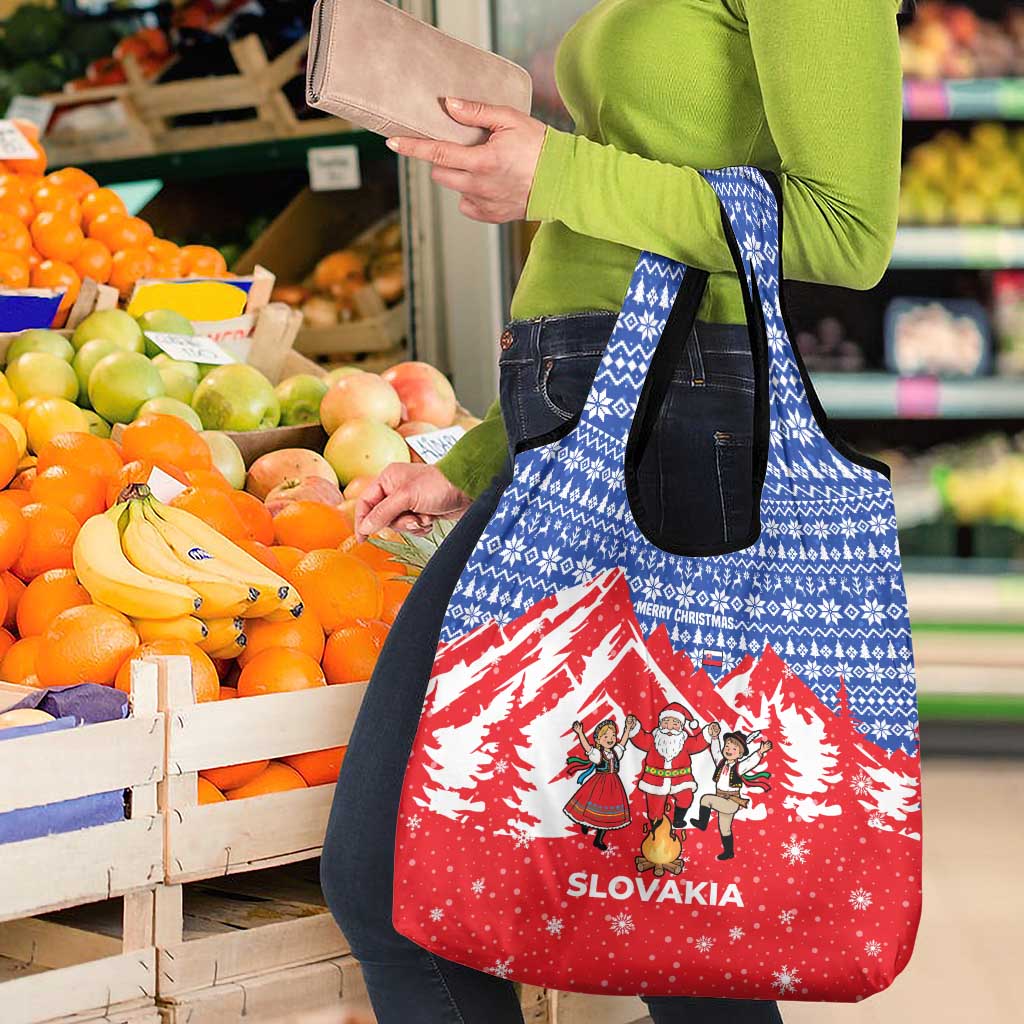 Slovakia Christmas Grocery Bag with Santa and Dancers by Campfire Snowy Mountains and Red Blue Snowflake Pattern Design - Wonder Print Shop