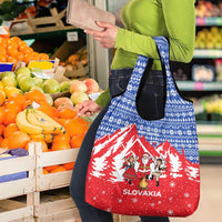 Slovakia Christmas Grocery Bag with Santa and Dancers by Campfire Snowy Mountains and Red Blue Snowflake Pattern Design - Wonder Print Shop
