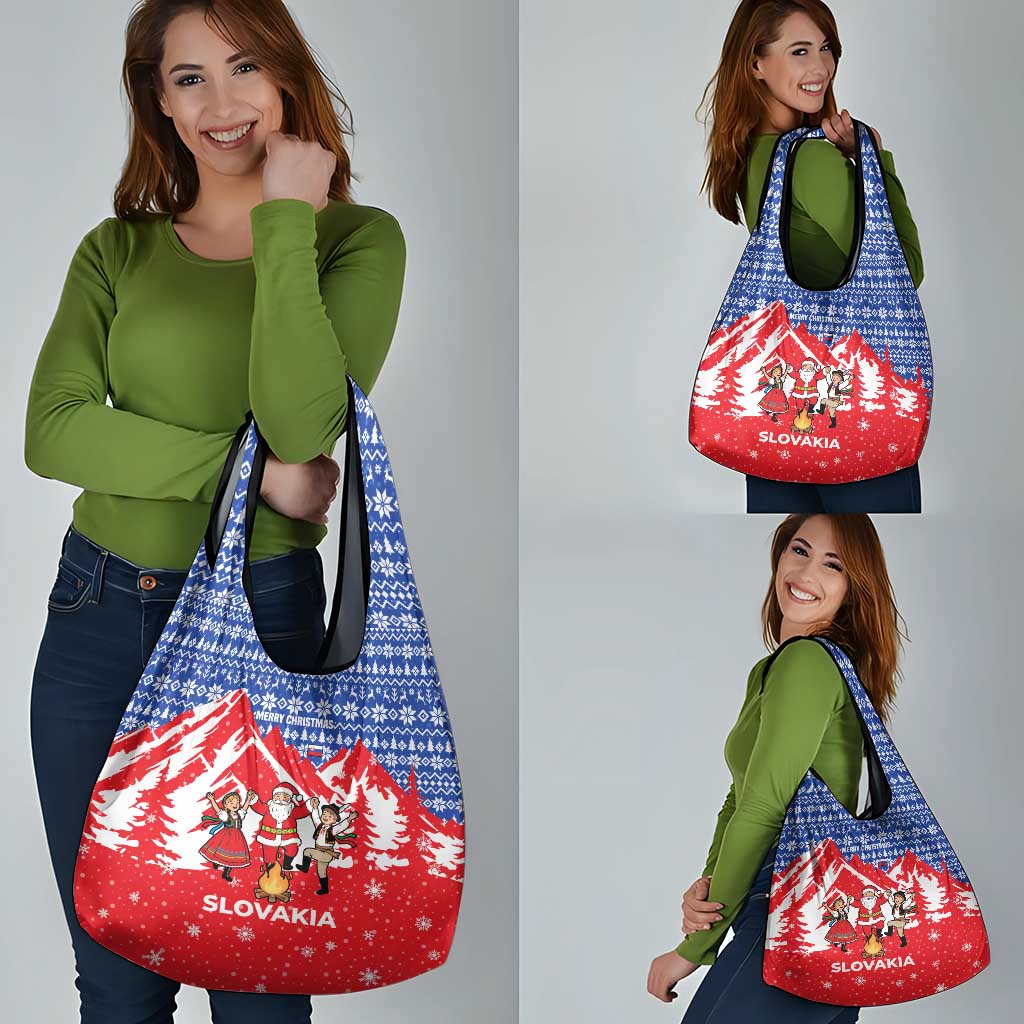 Slovakia Christmas Grocery Bag with Santa and Dancers by Campfire Snowy Mountains and Red Blue Snowflake Pattern Design - Wonder Print Shop