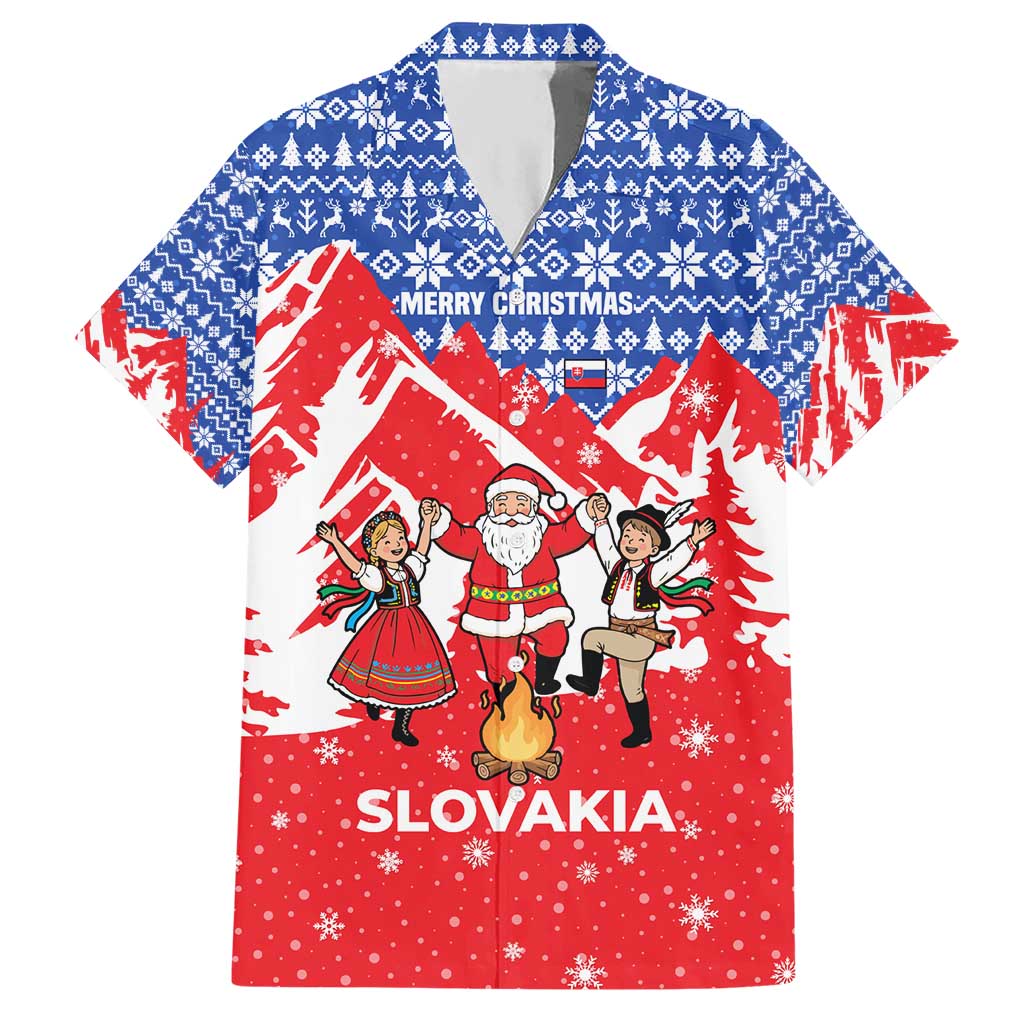 Slovakia Christmas Hawaiian Shirt with Santa and Dancers by Campfire Snowy Mountains and Red Blue Snowflake Pattern Design - Wonder Print Shop