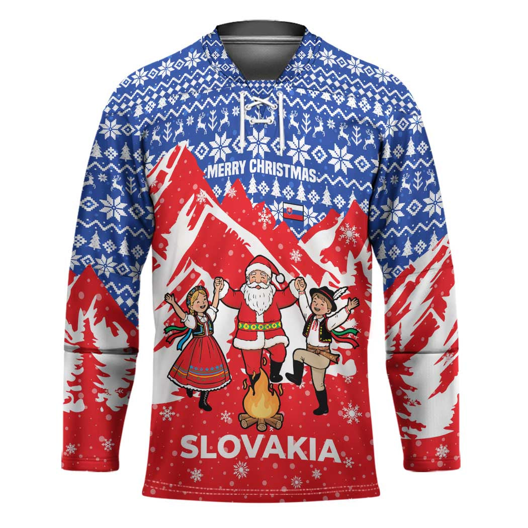 Slovakia Christmas Hockey Jersey with Santa and Dancers by Campfire Snowy Mountains and Red Blue Snowflake Pattern Design - Wonder Print Shop