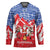 Slovakia Christmas Hockey Jersey with Santa and Dancers by Campfire Snowy Mountains and Red Blue Snowflake Pattern Design - Wonder Print Shop