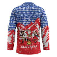 Slovakia Christmas Hockey Jersey with Santa and Dancers by Campfire Snowy Mountains and Red Blue Snowflake Pattern Design - Wonder Print Shop