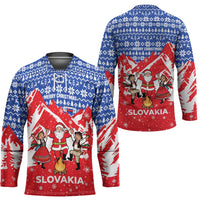 Slovakia Christmas Hockey Jersey with Santa and Dancers by Campfire Snowy Mountains and Red Blue Snowflake Pattern Design - Wonder Print Shop