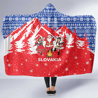 Slovakia Christmas Hooded Blanket with Santa and Dancers by Campfire Snowy Mountains and Red Blue Snowflake Pattern Design - Wonder Print Shop