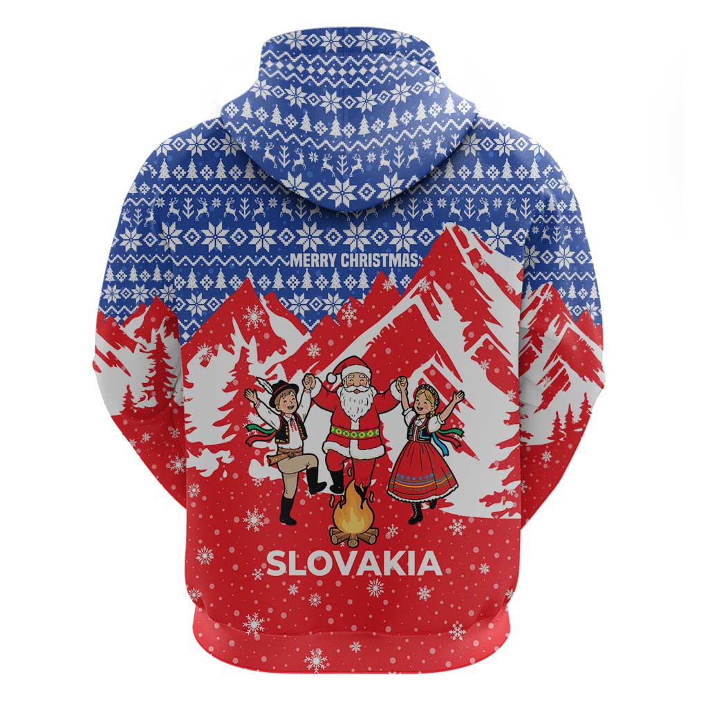 Slovakia Christmas Hoodie with Santa and Dancers by Campfire Snowy Mountains and Red Blue Snowflake Pattern Design - Wonder Print Shop