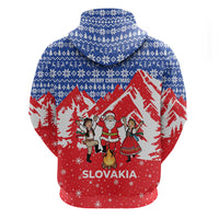 Slovakia Christmas Hoodie with Santa and Dancers by Campfire Snowy Mountains and Red Blue Snowflake Pattern Design - Wonder Print Shop
