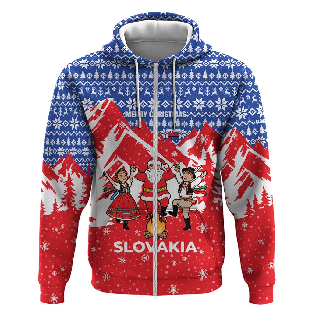 Slovakia Christmas Hoodie with Santa and Dancers by Campfire Snowy Mountains and Red Blue Snowflake Pattern Design - Wonder Print Shop