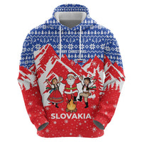 Slovakia Christmas Hoodie with Santa and Dancers by Campfire Snowy Mountains and Red Blue Snowflake Pattern Design - Wonder Print Shop