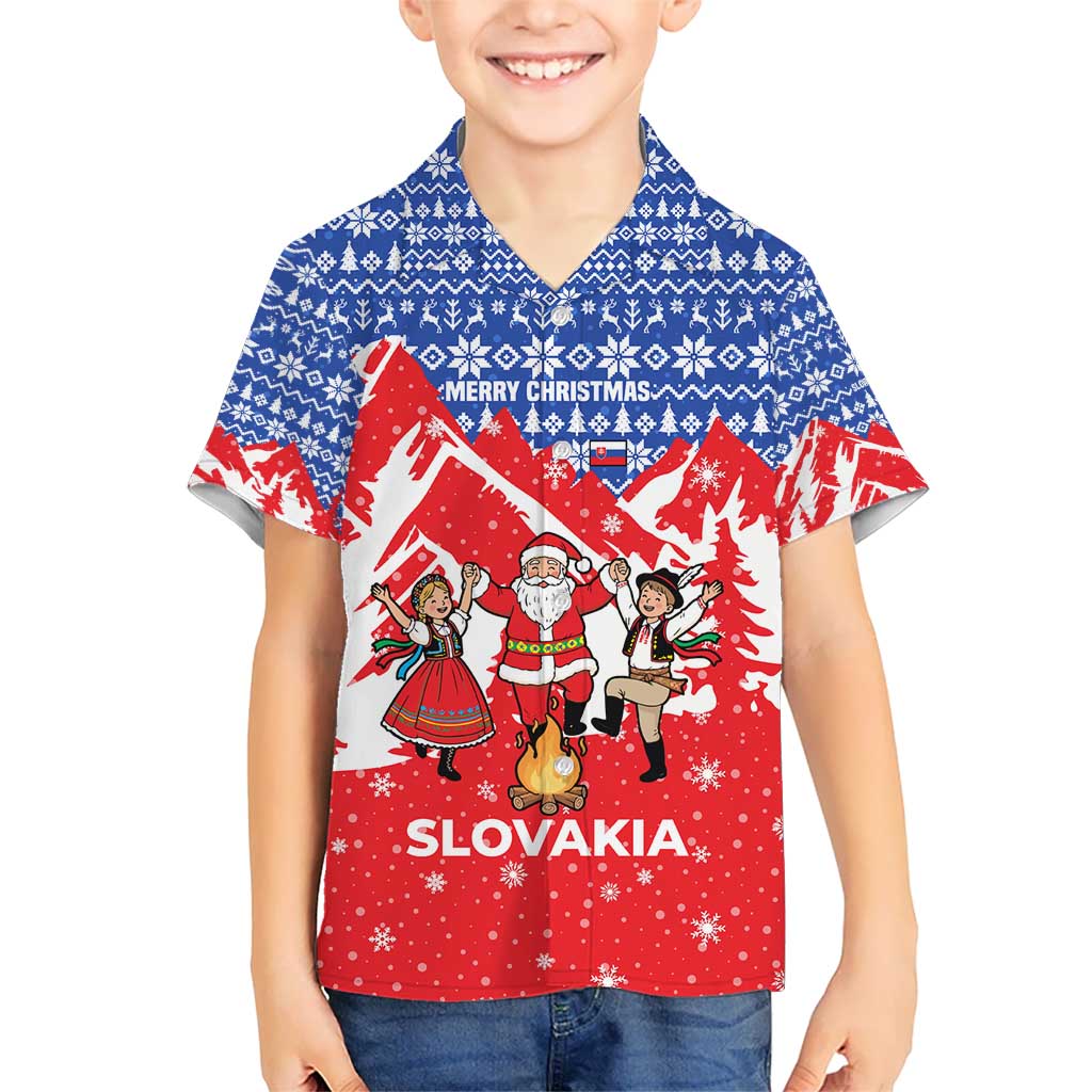 Slovakia Christmas Kid Hawaiian Shirt with Santa and Dancers by Campfire Snowy Mountains and Red Blue Snowflake Pattern Design - Wonder Print Shop