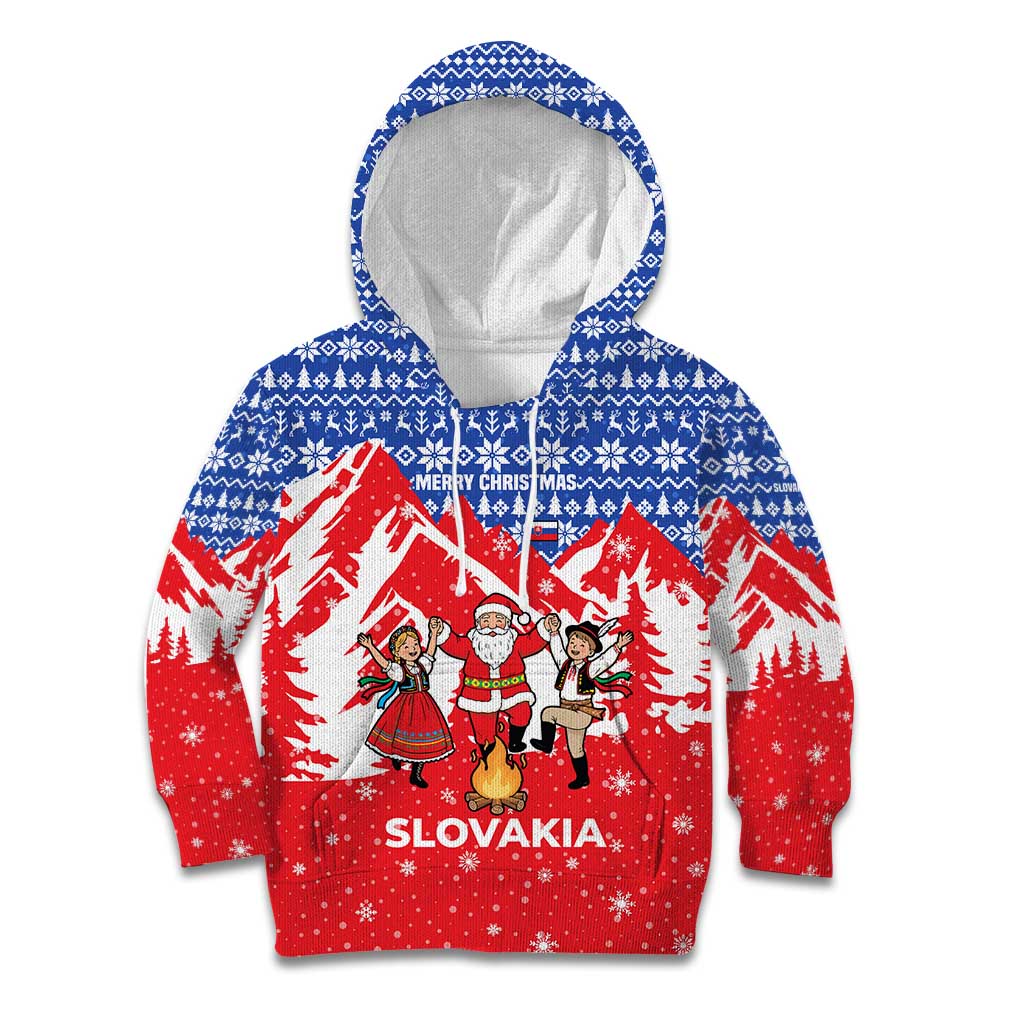 Slovakia Christmas Kid Hoodie with Santa and Dancers by Campfire Snowy Mountains and Red Blue Snowflake Pattern Design - Wonder Print Shop