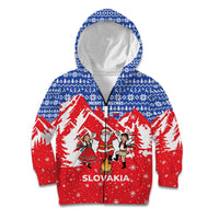 Slovakia Christmas Kid Hoodie with Santa and Dancers by Campfire Snowy Mountains and Red Blue Snowflake Pattern Design - Wonder Print Shop