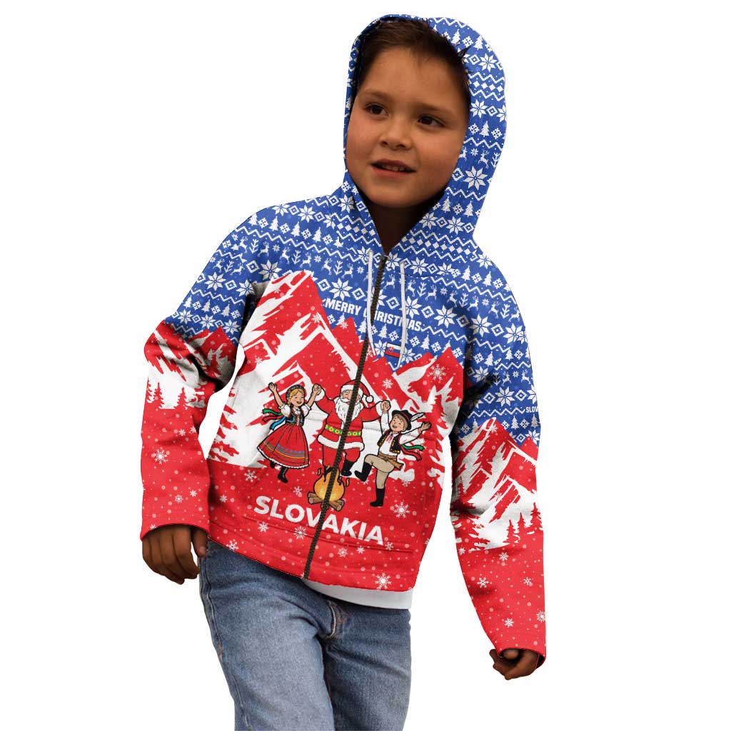 Slovakia Christmas Kid Hoodie with Santa and Dancers by Campfire Snowy Mountains and Red Blue Snowflake Pattern Design - Wonder Print Shop