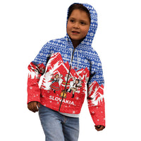 Slovakia Christmas Kid Hoodie with Santa and Dancers by Campfire Snowy Mountains and Red Blue Snowflake Pattern Design - Wonder Print Shop