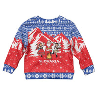 Slovakia Christmas Kid Ugly Christmas Sweater with Santa and Dancers by Campfire Snowy Mountains and Red Blue Snowflake Pattern Design - Wonder Print Shop