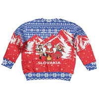 Slovakia Christmas Kid Ugly Christmas Sweater with Santa and Dancers by Campfire Snowy Mountains and Red Blue Snowflake Pattern Design - Wonder Print Shop