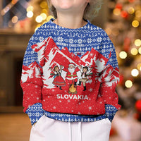 Slovakia Christmas Kid Ugly Christmas Sweater with Santa and Dancers by Campfire Snowy Mountains and Red Blue Snowflake Pattern Design - Wonder Print Shop