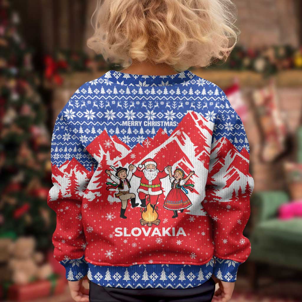 Slovakia Christmas Kid Ugly Christmas Sweater with Santa and Dancers by Campfire Snowy Mountains and Red Blue Snowflake Pattern Design - Wonder Print Shop