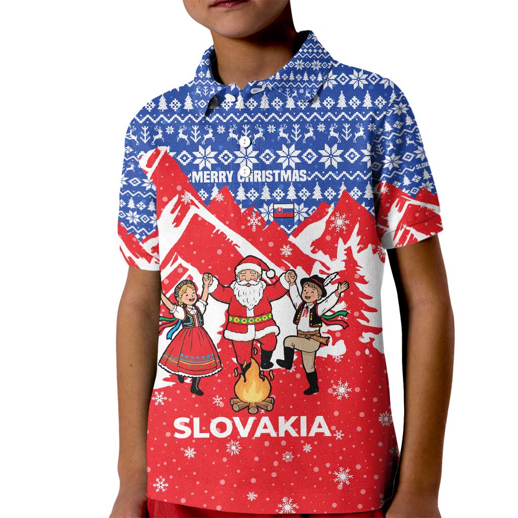 Slovakia Christmas Kid Polo Shirt with Santa and Dancers by Campfire Snowy Mountains and Red Blue Snowflake Pattern Design - Wonder Print Shop