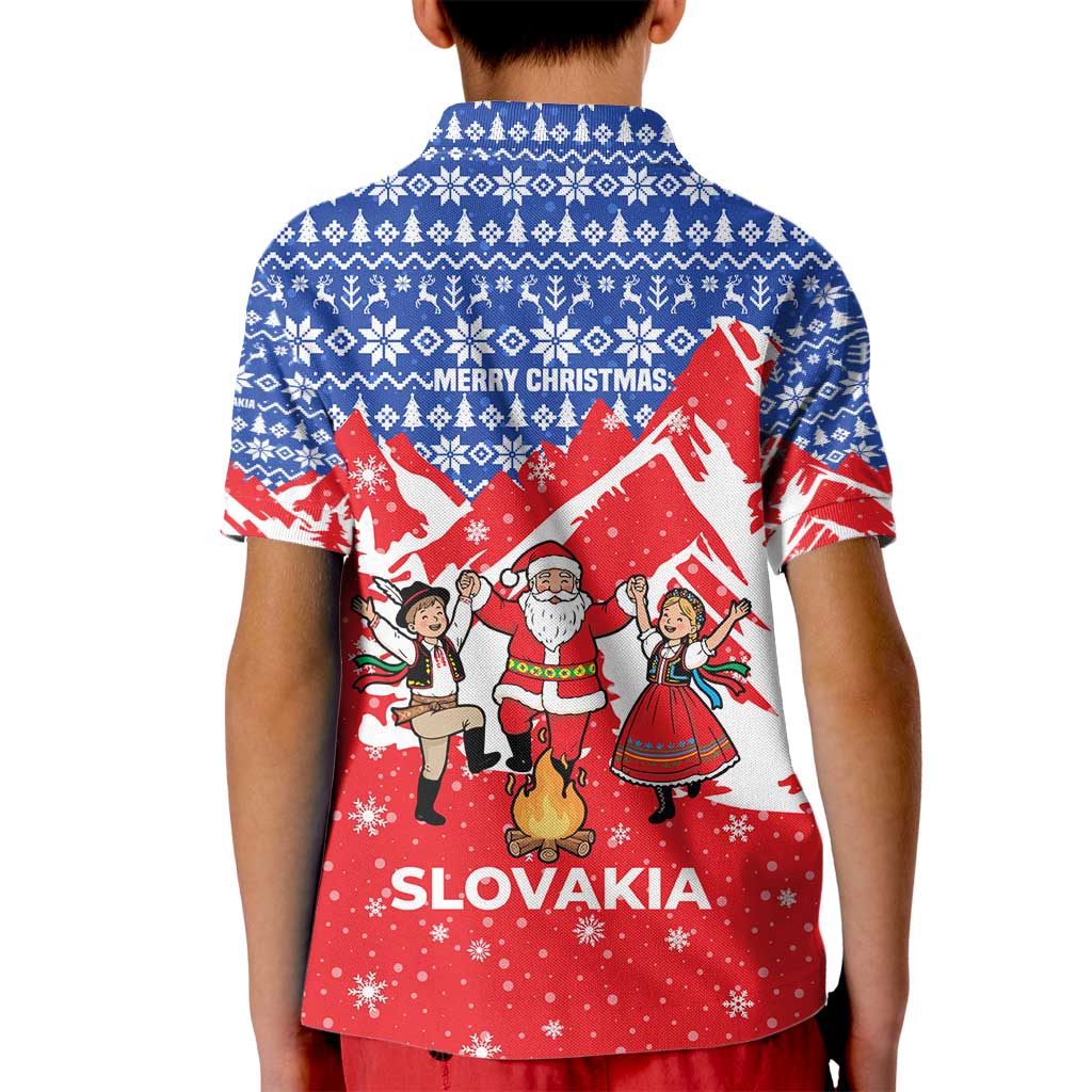 Slovakia Christmas Kid Polo Shirt with Santa and Dancers by Campfire Snowy Mountains and Red Blue Snowflake Pattern Design - Wonder Print Shop