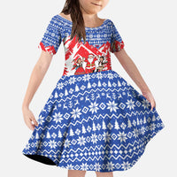 Slovakia Christmas Kid Short Sleeve Dress with Santa and Dancers by Campfire Snowy Mountains and Red Blue Snowflake Pattern Design - Wonder Print Shop