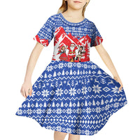 Slovakia Christmas Kid Short Sleeve Dress with Santa and Dancers by Campfire Snowy Mountains and Red Blue Snowflake Pattern Design - Wonder Print Shop