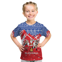 Slovakia Christmas Kid T Shirt with Santa and Dancers by Campfire Snowy Mountains and Red Blue Snowflake Pattern Design - Wonder Print Shop