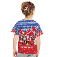 Slovakia Christmas Kid T Shirt with Santa and Dancers by Campfire Snowy Mountains and Red Blue Snowflake Pattern Design - Wonder Print Shop