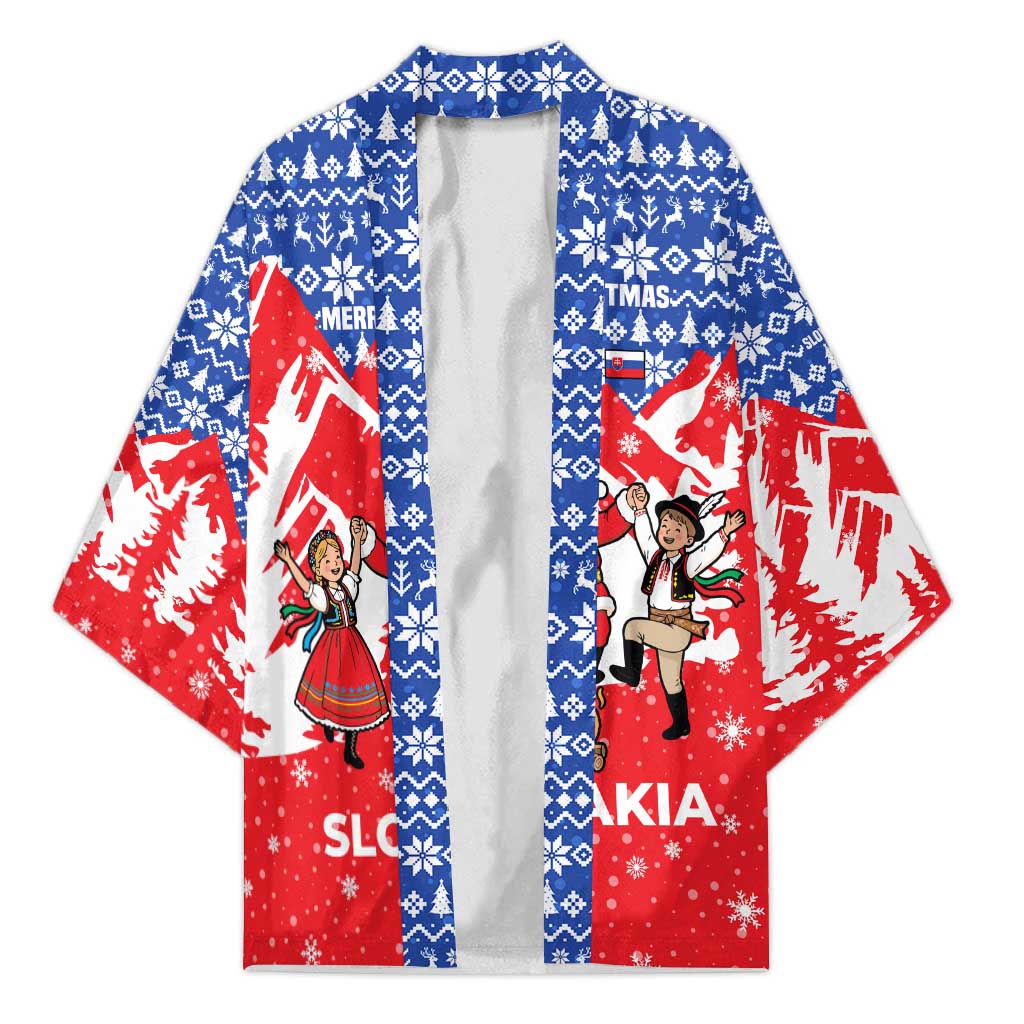 Slovakia Christmas Kimono with Santa and Dancers by Campfire Snowy Mountains and Red Blue Snowflake Pattern Design - Wonder Print Shop