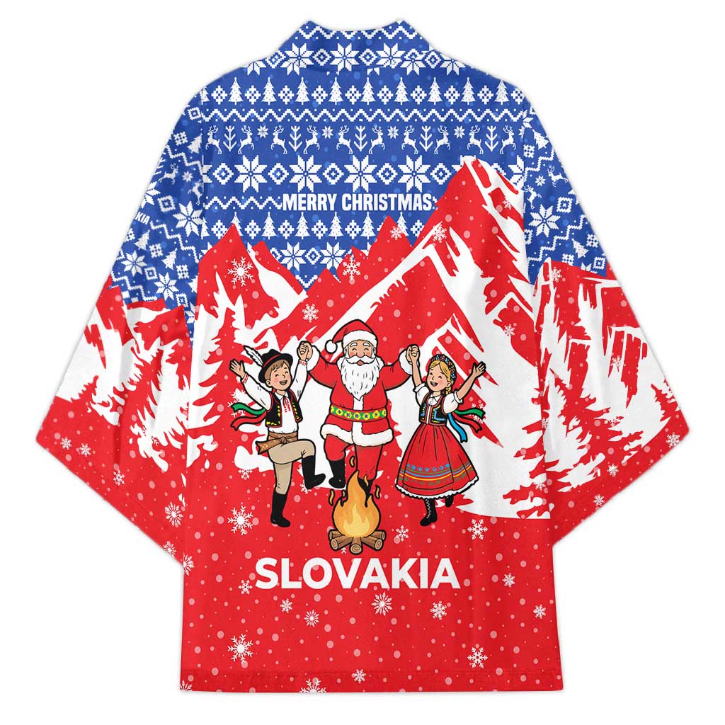 Slovakia Christmas Kimono with Santa and Dancers by Campfire Snowy Mountains and Red Blue Snowflake Pattern Design - Wonder Print Shop