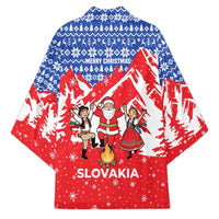 Slovakia Christmas Kimono with Santa and Dancers by Campfire Snowy Mountains and Red Blue Snowflake Pattern Design - Wonder Print Shop
