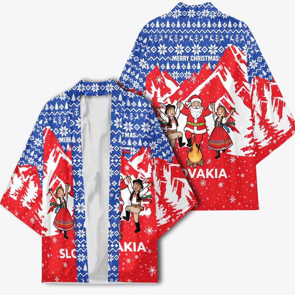 Slovakia Christmas Kimono with Santa and Dancers by Campfire Snowy Mountains and Red Blue Snowflake Pattern Design - Wonder Print Shop